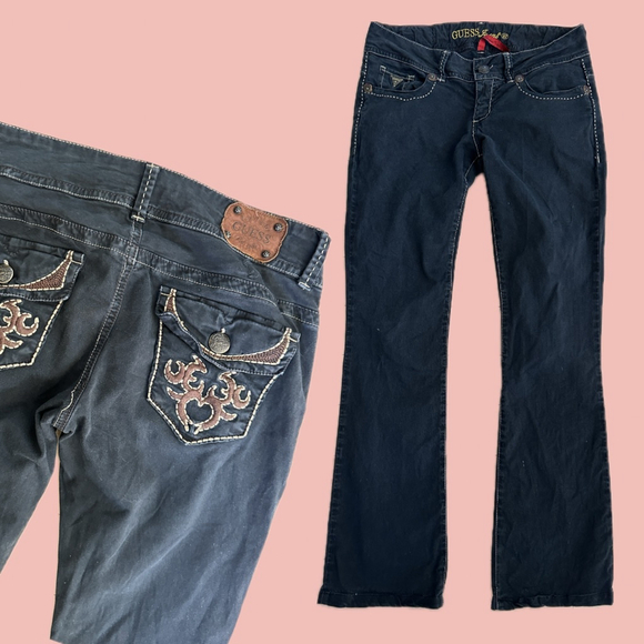Guess Jeans Bootcut Low Rise Black Denim – Contrast Stitching Y2K Boho Cowgirl W - Picture 1 of 11